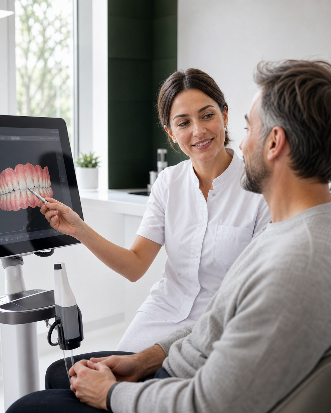 Dentiste duke shpjeguar një plan trajtimi dentar